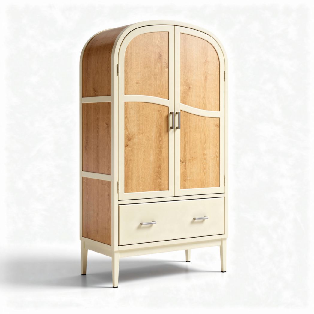 Armoire en bois avec deux portes et tiroir en couleur bois et crème 180 x 90 x 45cm