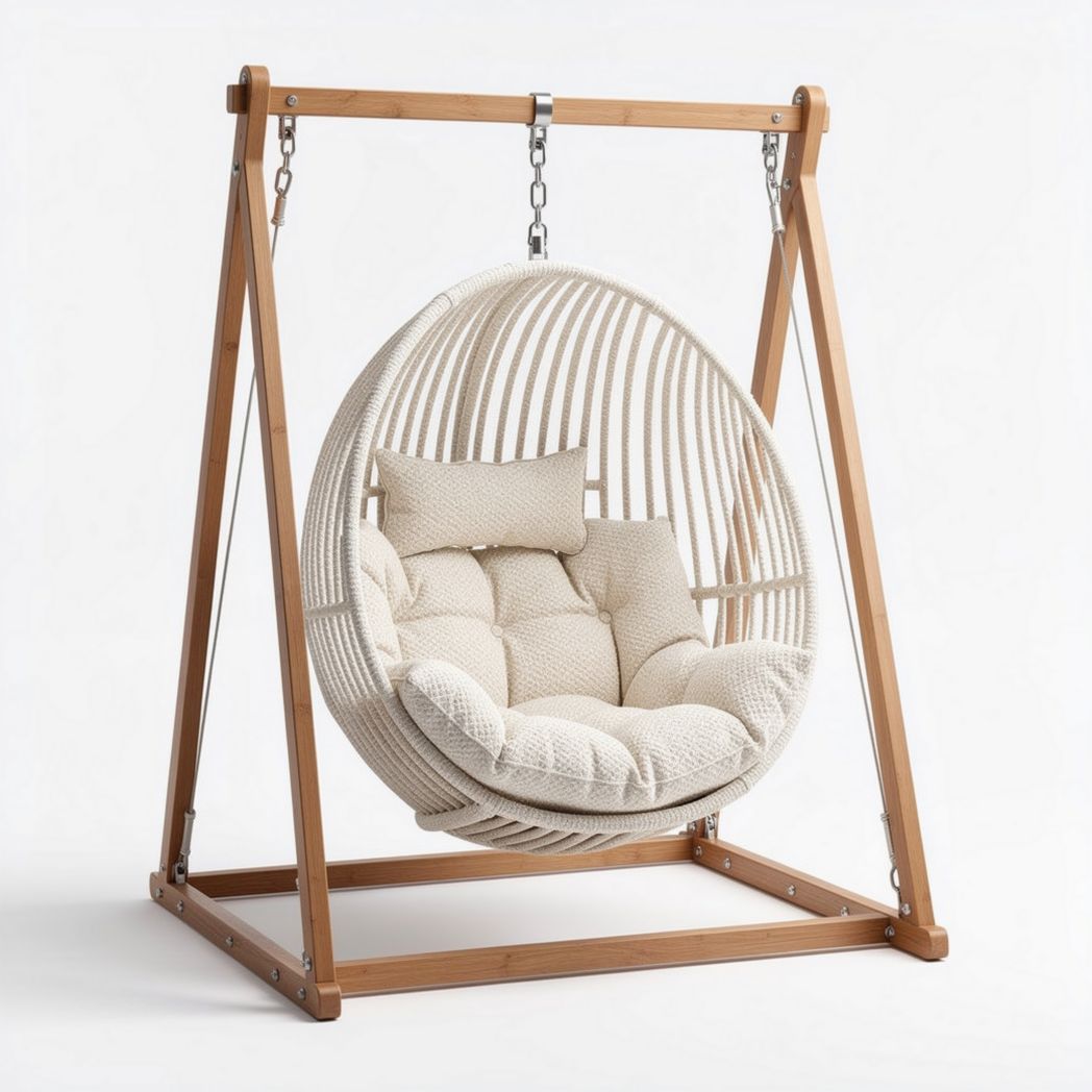 fauteuil suspendu en rotin avec coussins beige sur structure en bois 150 x 100 x 100cm