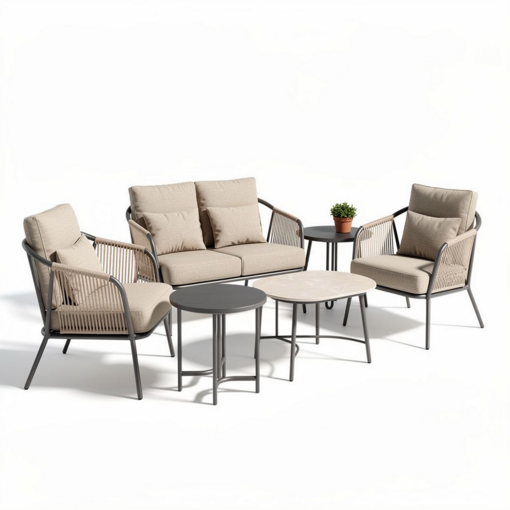 Salon de jardin en métal avec coussins en tissu beige dimensions 200 x 90 x 75cm