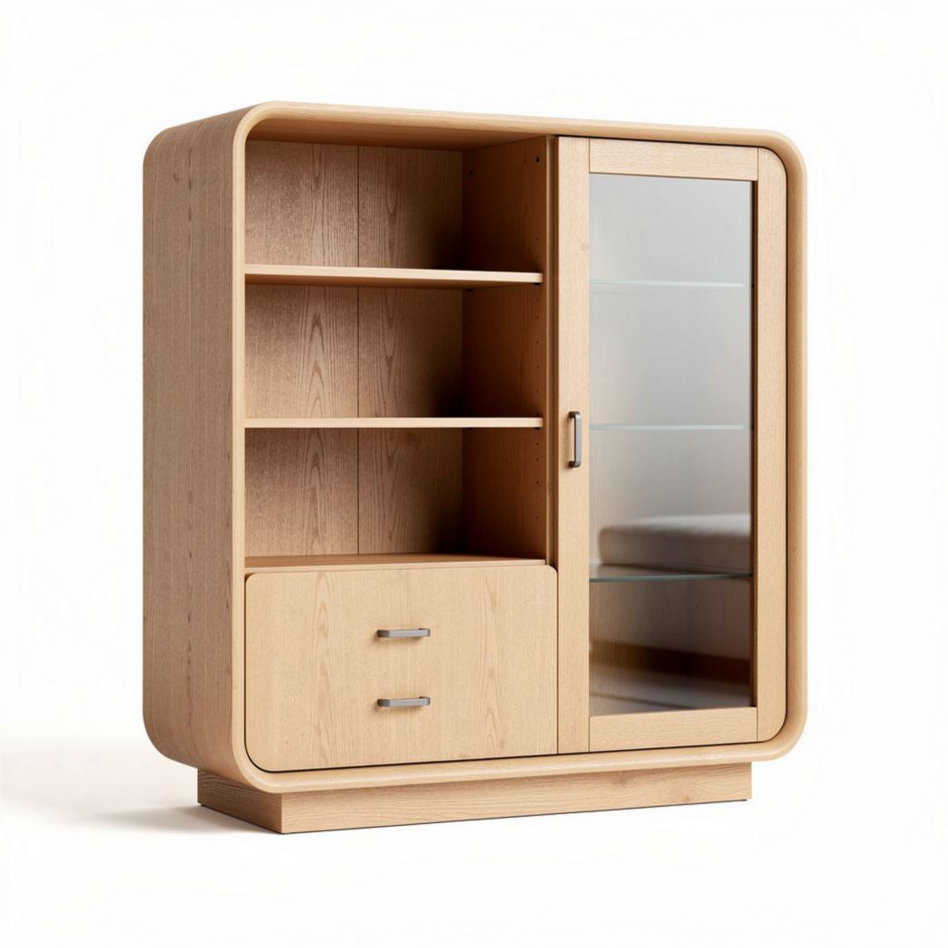 Bibliothèque en bois clair avec miroir et étagères modulables 90 x 40 x 100cm
