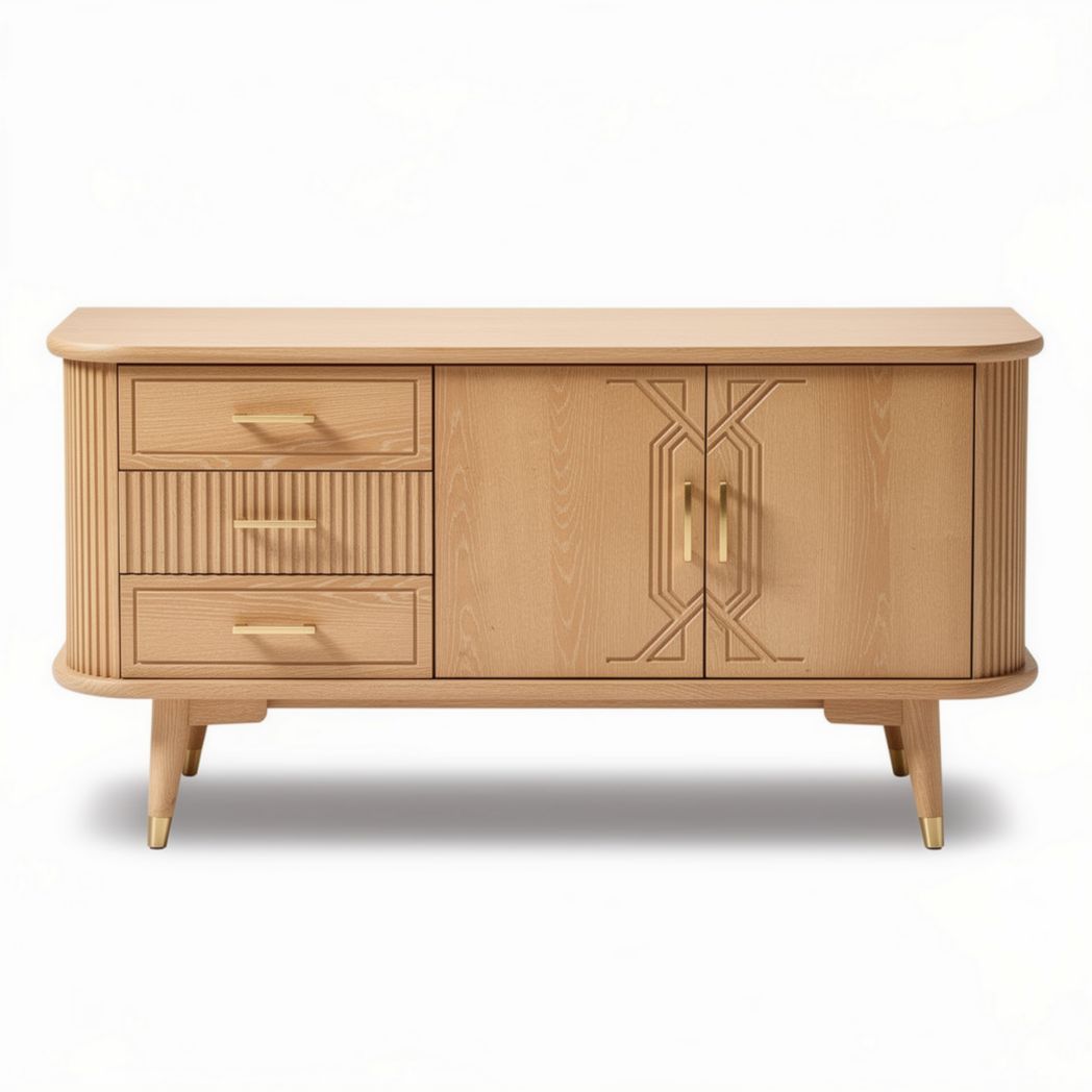 Buffet en bois clair avec deux tiroirs et une porte design 150 x 40 x 80cm
