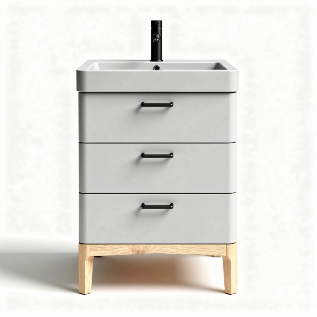 Meuble de salle de bain gris avec lavabo et trois tiroirs en bois 60 x 40 x 85cm