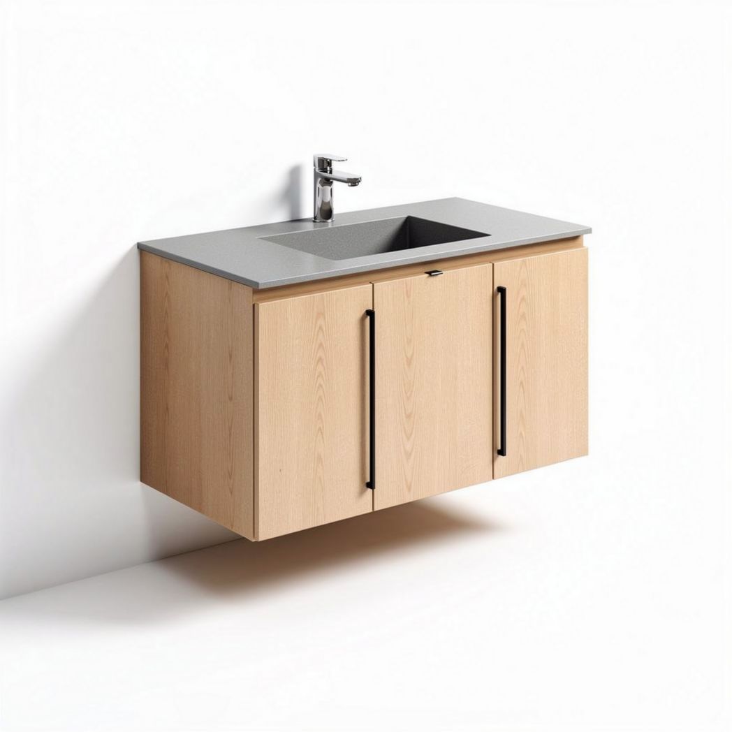 Meuble lavabo suspendu en bois clair avec plan de travail gris 80 x 50 x 45cm