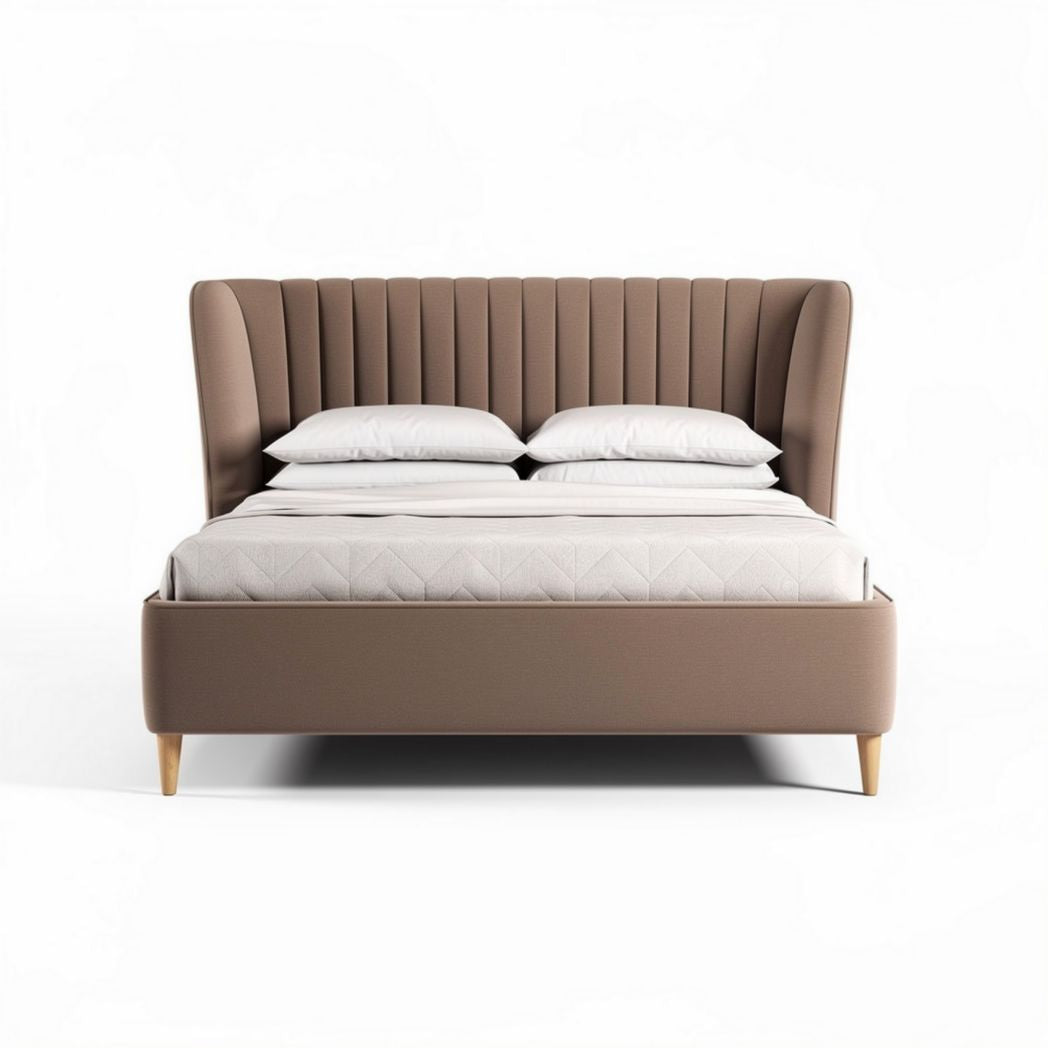Lit en velours beige avec tête de lit capitonnée 200 x 160 x 100 cm