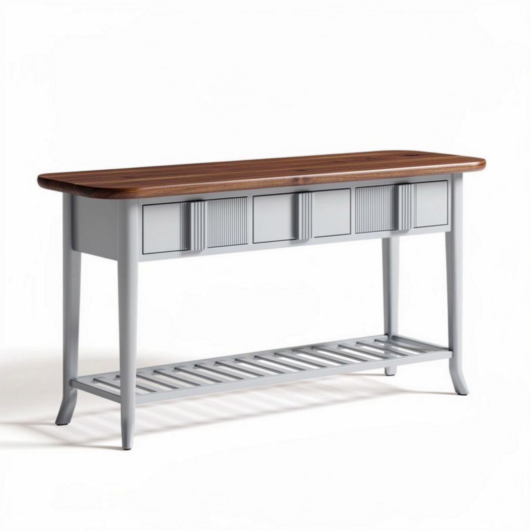 Table console en bois de noyer et métal gris 120 x 40 x 80cm avec étagère basse